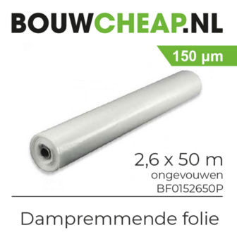 Witte dampremmende folie in rol, 2,6 x 50 m, met een dikte van 150 &micro;m, op witte achtergrond met groene tekst.