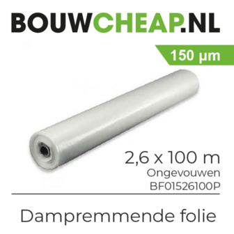Dampremmende folie in een rol van 2,6 x 100 m, met een dikte van 150 &micro;m, in een heldere kunststof uitvoering.