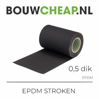 Rol zwarte EPDM-stroken van 0,5 mm dik, met een stevige afwerking en een groene binnenzijde.
