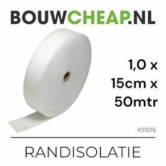 Witte rol randisolatie, 1,0 cm dik, 15 cm breed, 50 meter lang, met zwarte tekst en logo erop.
