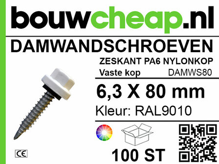 Schroeven met nylon kop, zeskant en een lengte van 80 mm, in een verpakking van 100 stuks. Kleur: RAL9010.