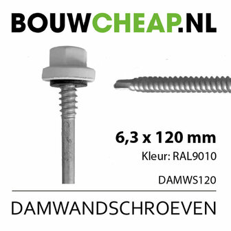 Lange schroef met scherpe punt en witte kop, specificaties en kleur vermeld onder de afbeelding.