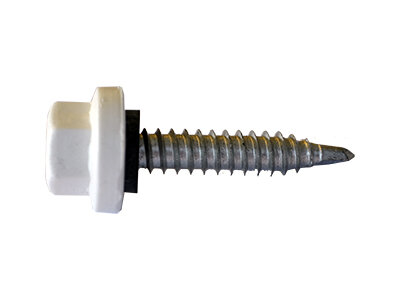 Witte schroef met metalen schroefdraad en een zwarte ring, horizontaal geplaatst op een lichte achtergrond.