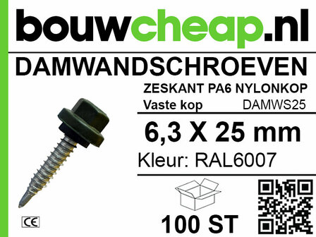 Zwarte schroef met nylonkop en schroefdraad, specificeert afmetingen en kleur. Verpakt in een doos van 100 stuks.