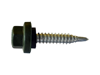 Roestvrijstalen schroef met een zwarte kunststof ring en een zeshoekige kop, geschikt voor verschillende bevestigingstoepassingen.