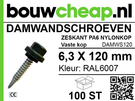 Zwarte damwandschroef van PA6 nylon, 6,3 x 120 mm, met RAL6007 kleur en 100 stuks verpakt. Merklogo van bouwcheap.nl zichtbaar.