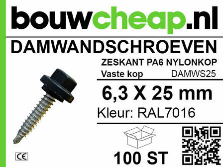 Zwarte damwand schroef met een nylonkop, 6,3 x 25 mm, met een etikettentekst over specificaties en hoeveelheid.
