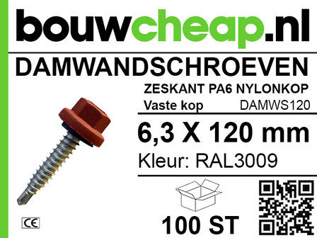 Dammenwandschroef met een nylonkop in RAL3009, 6,3 x 120 mm, verpakt in een doos van 100 stuks.