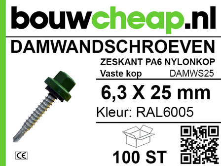 Groene schroef met nylonkop, 6,3 x 25 mm, met schroefdraad en stevige kop, verpakt in een doos van 100 stuks.