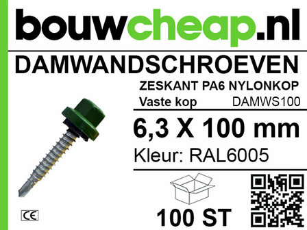 Groene damwandschroef met nylonkop. Gemarkeerd met RAL6005 en specificaties in duidelijke zwarte tekst op witte achtergrond.