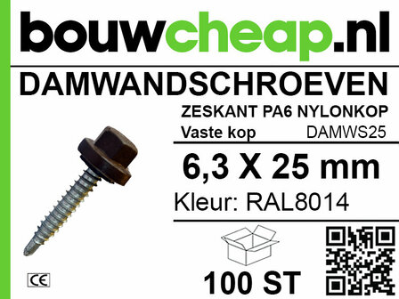 Zeskant damwandschroef met nylonkop, 6,3 x 25 mm, RAL8014 kleur, verpakking van 100 stuks.