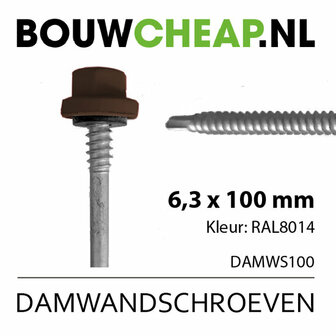 Roestvrijstalen damwandschroef met bruine beschermkap, 6,3 x 100 mm, kleur RAL 8014, heldere productinformatie.