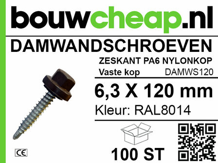 Bruine nylon damwandschroef met een vaste kop, 6,3 x 120 mm, verpakt in een doos van 100 stuks. Merklogo bovenaan.