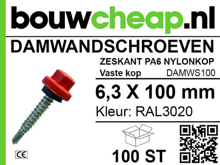 Rode damwandschroef met nylonkop, stevige schacht, met een lengte van 100 mm en verpakking van 100 stuks, merk Bouwcheap.