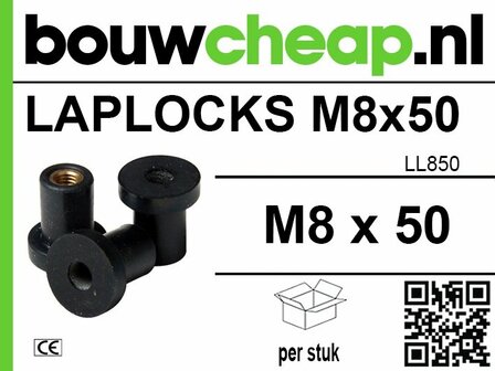 Zwarte laplocks met schroefgaten, onderdeel voor bevestiging, met label en barcode op een groene achtergrond.