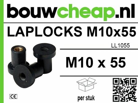 Zwarte laplock masternuts met M10 x 55 specificatie, voorzien van een schroefopening en een verpakkingseenheid per stuk.