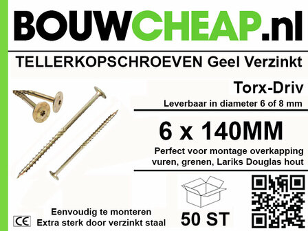 Zes verzinkte tellerschroeven met een gele coating, 140 mm lang, gestructureerde achtergrond met logo van Bouwcheap.nl.