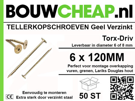Geel verzinkte tellerkopschroeven in verpakking, met Torx-Drive en afmetingen 6 x 120 mm, merklogo van Bouwcheap.nl zichtbaar.