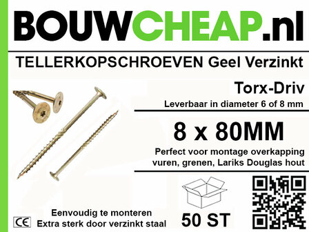 Geel verzinkte tellersschroeven met Torx-aandrijving, verpakking van 50 stuks, geschikt voor houtmontage.