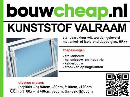 Wit kunststof raam met dubbele isolerende beglazing, weergegeven met afmetingen en toepassingen voor diverse bouwprojecten.