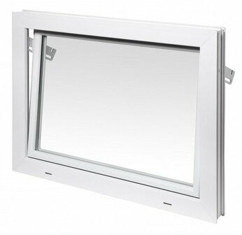 Wit kunststof raam met een rechthoekige spiegel en een metalen scharnier aan de bovenkant voor opening.