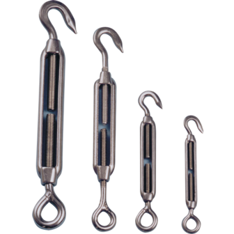 Verschillende metalen spanningselementen met schroefmechanisme en haken aan beide uiteinden, in aflopende groottes.