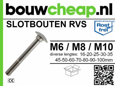 Een RVS slotbout met een ronde kop en een schroefdraad, met specificaties in tekst en een QR-code ernaast.