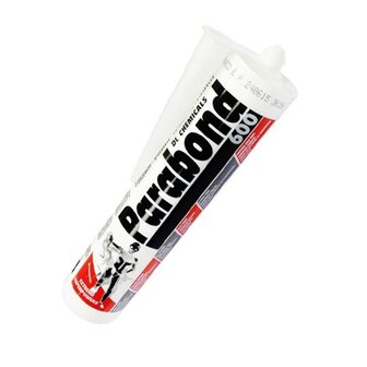 Een witte tube met rode en zwarte accenten, gevuld met lijm, met een spuitmondje aan de bovenkant.