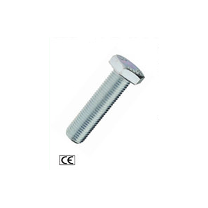 Kunststof schroef met zilverkleurige, verzinkte afwerking en een zeskantige kop, zichtbaar merklogo en CE-keurmerk.