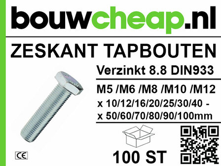 Zeskant tapbouten in verschillende maten, zilververzinkt met een doosverpakking en duidelijke productinformatie.