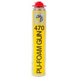 Gele spuitbus met een rode dop, gemarkeerd als &quot;PU-FOAM GUN 470&quot; in zwarte letters op de zijkant.