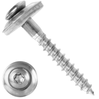 Glanzende, zilverkleurige schroef met een ronde kop en een torx-aandrijving, gemaakt van roestvrij staal.