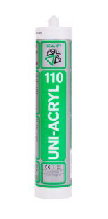 Een witte tube met groene en zwarte label, met de tekst &quot;UNI-ACRYL 110&quot; en informatie over gebruik en veiligheid.