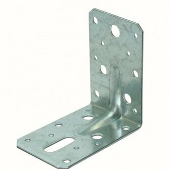 Zilverkleurige metalen hoekbeugel met meerdere gaten en een L-vormige constructie voor bevestiging.