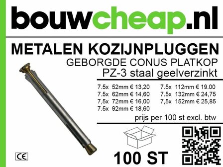 Metalen kozijnpluggen met een conische platkop, verschillende maten en prijzen weergegeven op een informatieve achtergrond.