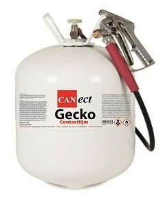 Witte cilinder met een grijze en rode drukspuit, gemarkeerd met het merk &#039;Gecko&#039; en veiligheidswaarschuwingen.