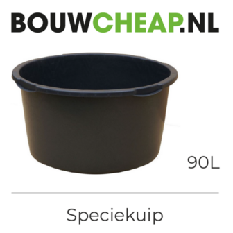 Zwarte kunststof speciekuip van 90 liter met een ronde, brede vorm en stevige rand. Geschikt voor diverse toepassingen.