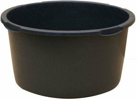 Zwarte plastic emmer met een robuuste rand, geschikt voor verschillende doeleinden. Het ontwerp is eenvoudig en functioneel.
