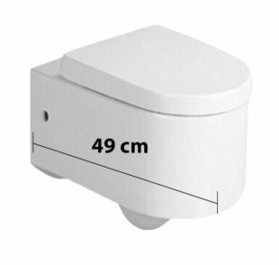 Witte toiletpot met een afgeronde bovenkant en een hoogte van 49 cm, ontworpen voor wandmontage.