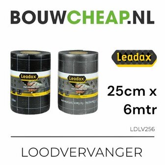 Zwart en geel verpakte rolls loodvervanger, met afmetingen van 25 cm x 6 m, op een witte achtergrond met tekst.