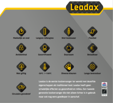 Zwart-geel logo met iconen en tekst over loodsvoorzieningen, kenmerken en voordelen van Leadax in een gestructureerde lay-out.