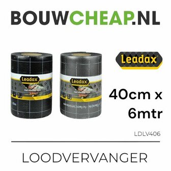Zwarte en grijze rol loodvervangend materiaal van Leadax, met duidelijke afmetingen en productinformatie op de verpakking.