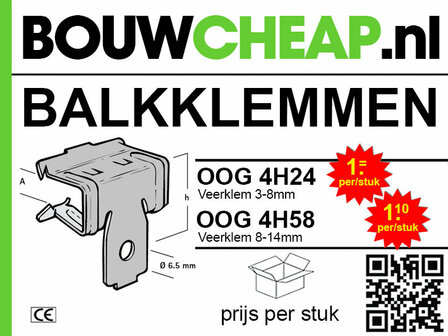 Zwart-wit productlabel voor balkklemmen met specificaties, prijzen en QR-code in duidelijke typografie.