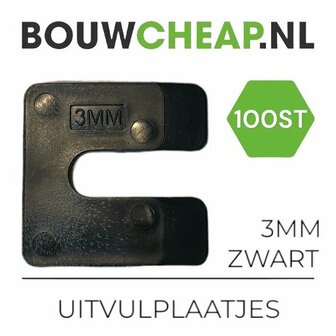 Zwart uitvulplaatje met een dikte van 3 mm, voorzien van de tekst &quot;3MM&quot; en een glanzend oppervlak. 100 stuks beschikbaar.