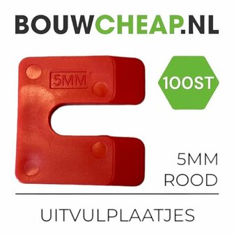 Rood kunststof uitvulplaatje in de vorm van een &#039;C&#039;, gemarkeerd met &#039;5MM&#039; en verpakt in een doos met 100 stuks.