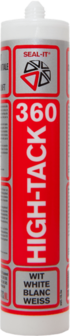 Witte lijmtube met rode en grijze etiketten, duidelijk het merk en productnaam &#039;HIGH-TACK 360&#039; weergegeven.