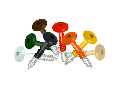 Verschillende gekleurde schroeven in bruin, groen, zwart, geel, oranje, wit en beige, met metalen schroefdraad en platte kop.
