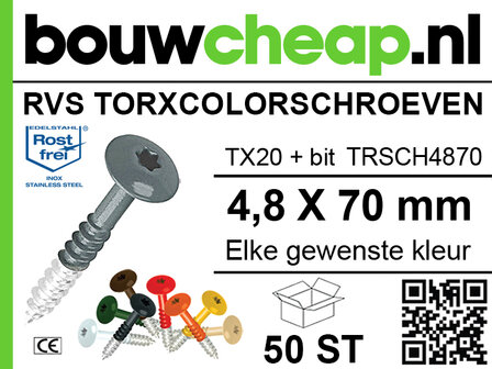 RVS torxschoeven in diverse kleuren, met details over maat en inhoud, gepresenteerd op een duidelijke, informatieve achtergrond.