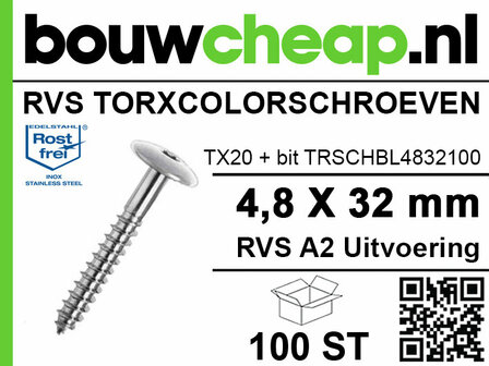 RVS Torx-schroeven in de kleur zilver, met een TX20-bit, verpakking van 100 stuks met een zwart en wit merklogo.