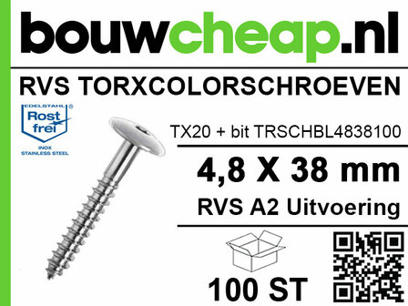 RVS torx-schroeven in zilver met TX20-bit, 4,8 x 38 mm, verpakt in een doos met 100 stuks en het Bouwcheap-logo.